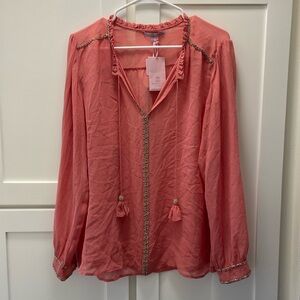 NWT Calypso Saint Barth Krish Pink Silk Top Size M semi sheer, gold braid